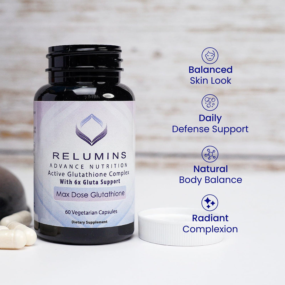 Daily routine visual with Relumins bottle promoting easy integration into habits.