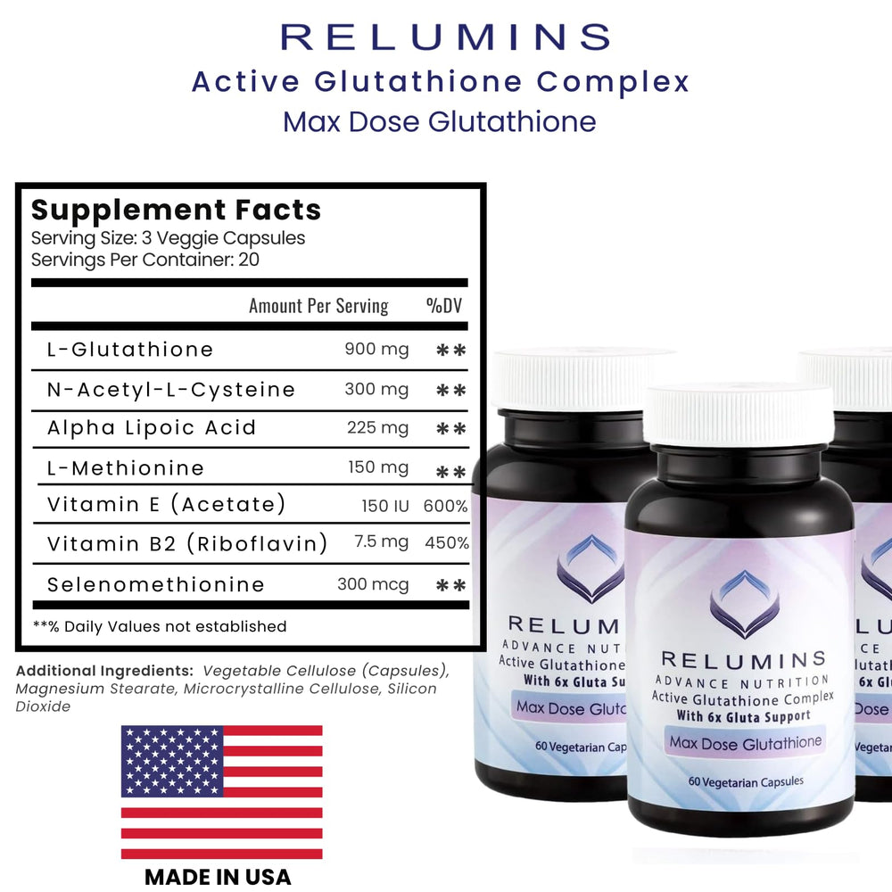 Ingredients chart for Relumins Advanced White Glutathione Complex featuring ALA and NAC.