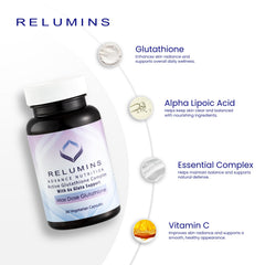 Label design of Relumins Advanced White Glutathione Complex emphasizes antioxidant blend.