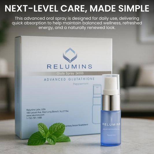 Relumins advanced formula 24000mg bottle highlighting potency for daily use.