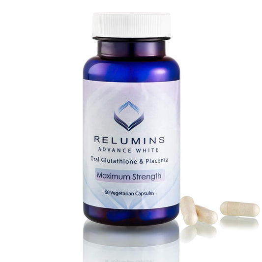 Relumins Advanced White Glutathione Capsules bottle front for potential even-toned skin