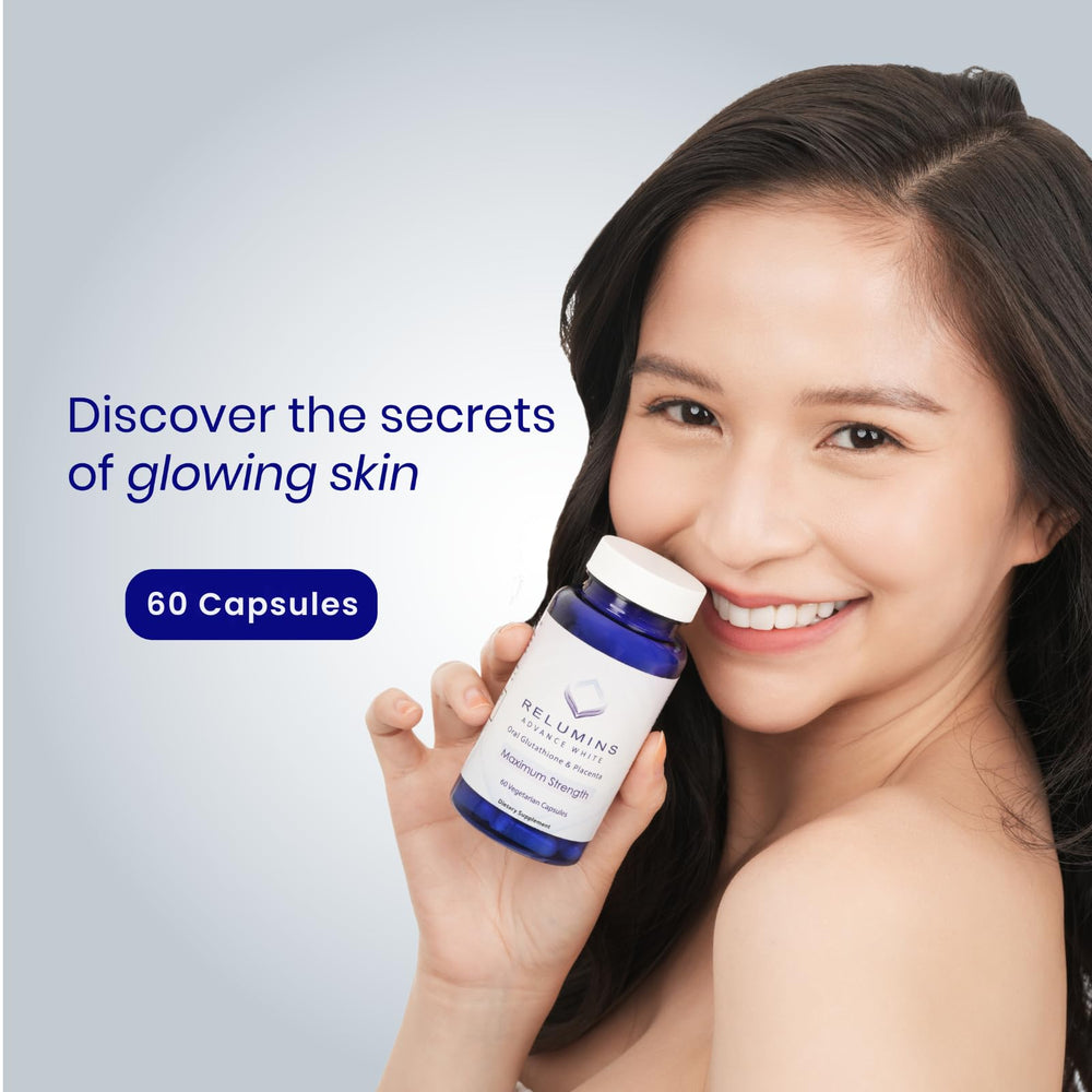 Relumins Advanced White Glutathione Capsules label close-up shows antioxidant support for skin