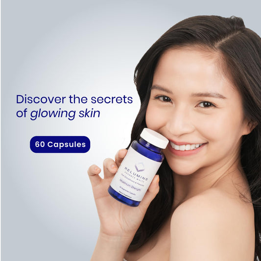Relumins Advanced White Glutathione Capsules label close-up shows antioxidant support for skin