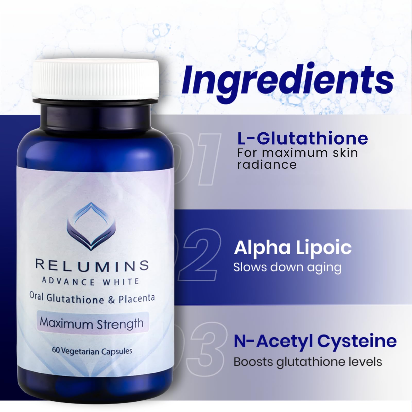 Relumins Advanced White Glutathione Capsules packaging box signals premium quality