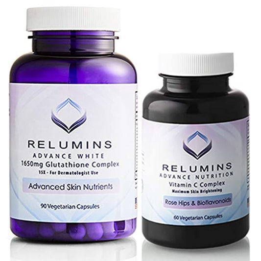 Relumins Advanced White Set glutathione bottle promoting even skin tone