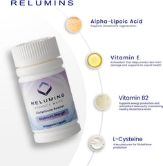 Relumins bottle label close-up showing quality and purity.