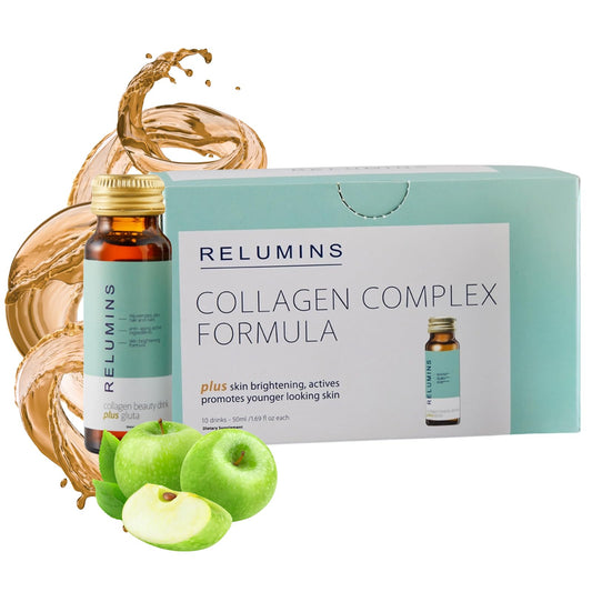 Relumins collagen drink apple bottle front, supports daily hydration and radiant skin