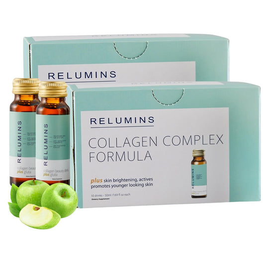 Relumins collagen drink bottle with apple flavor, supports daily skin hydration and renewal.
