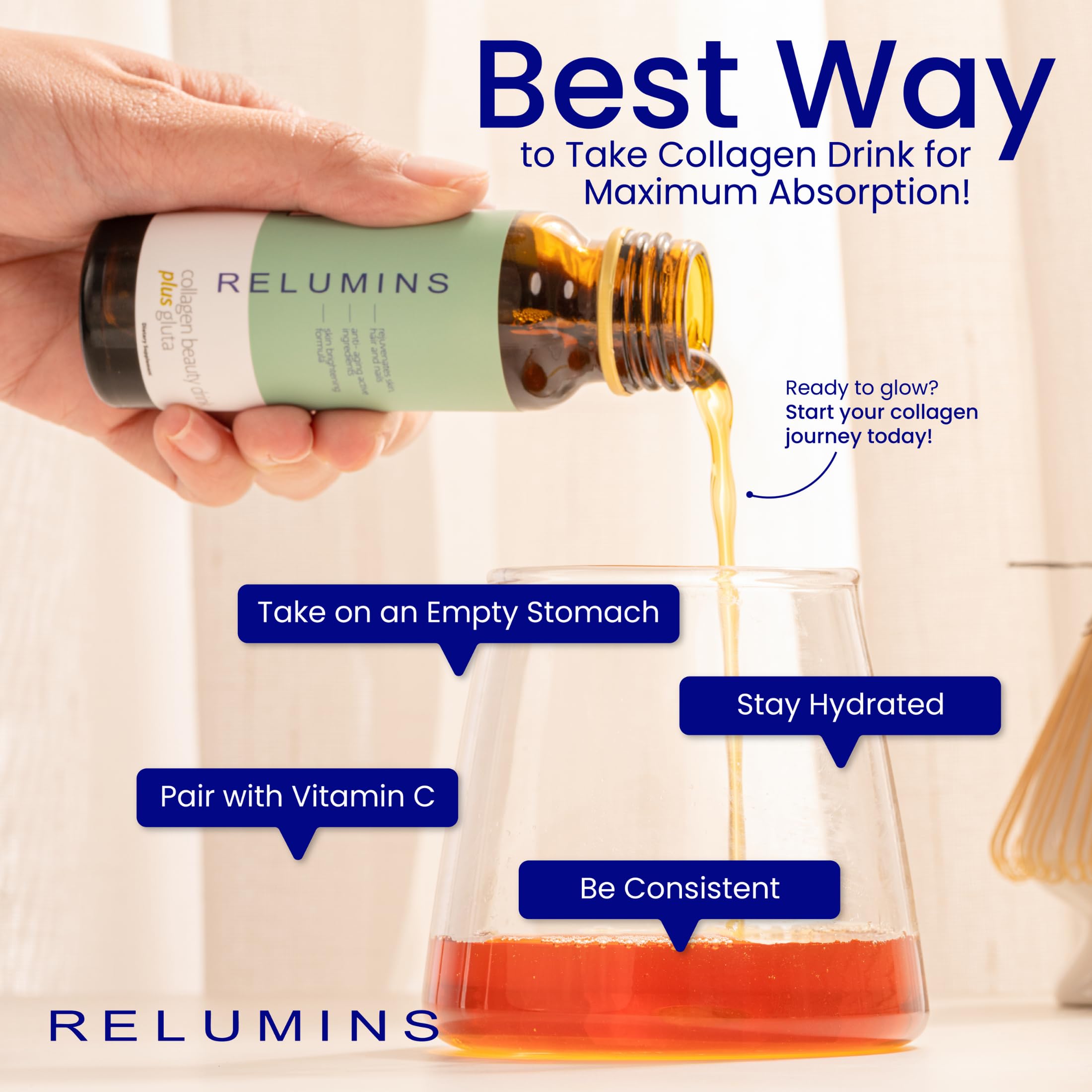 Relumins Collagen, ingredientes clave glutatión y ácido hialuronico para hidratación