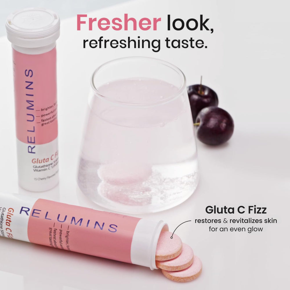 Relumins Gluta C Fizz packaging shows 15 tablets per bottle