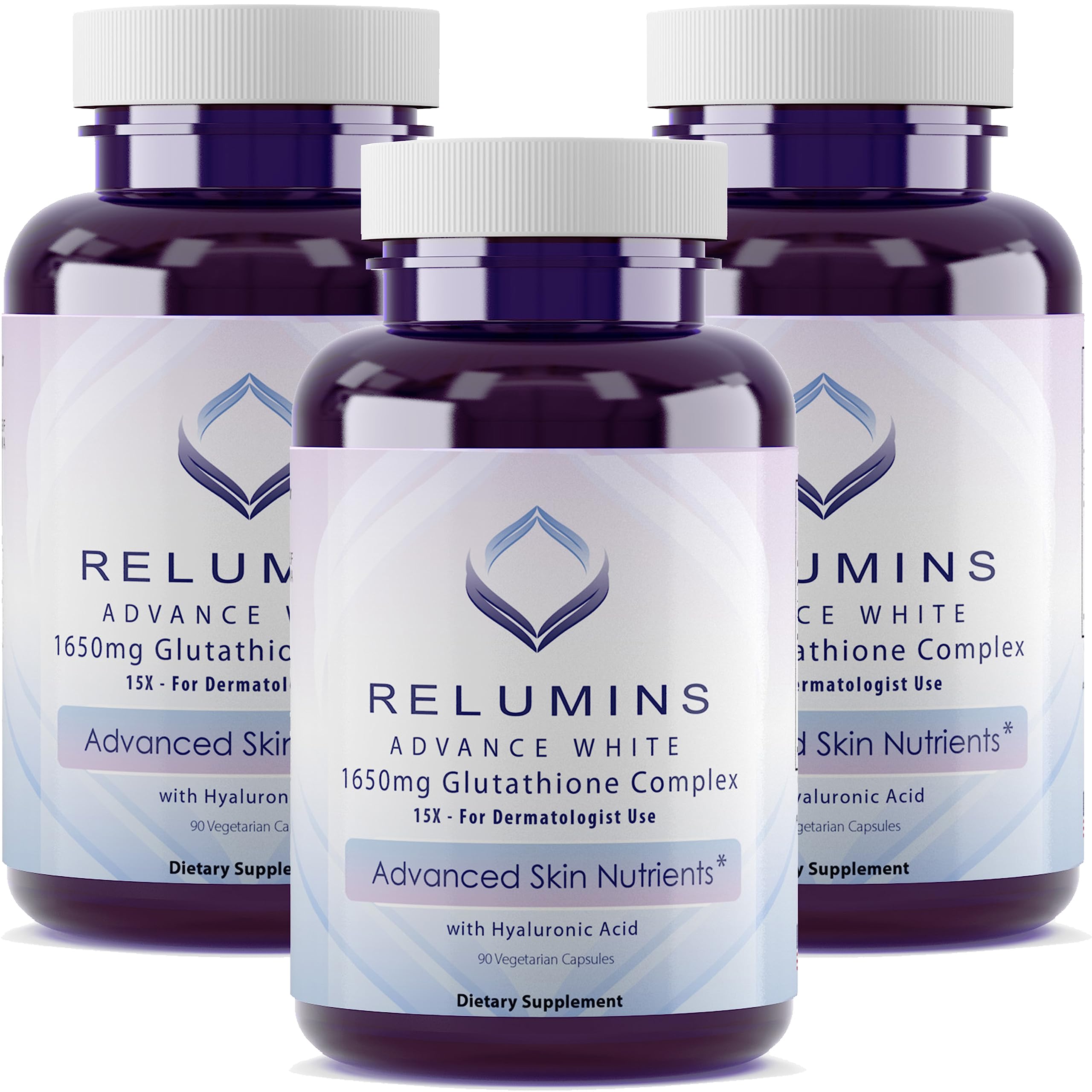 Relumins Glutathione 1650mg bottle showcases antioxidant support for radiant skin.