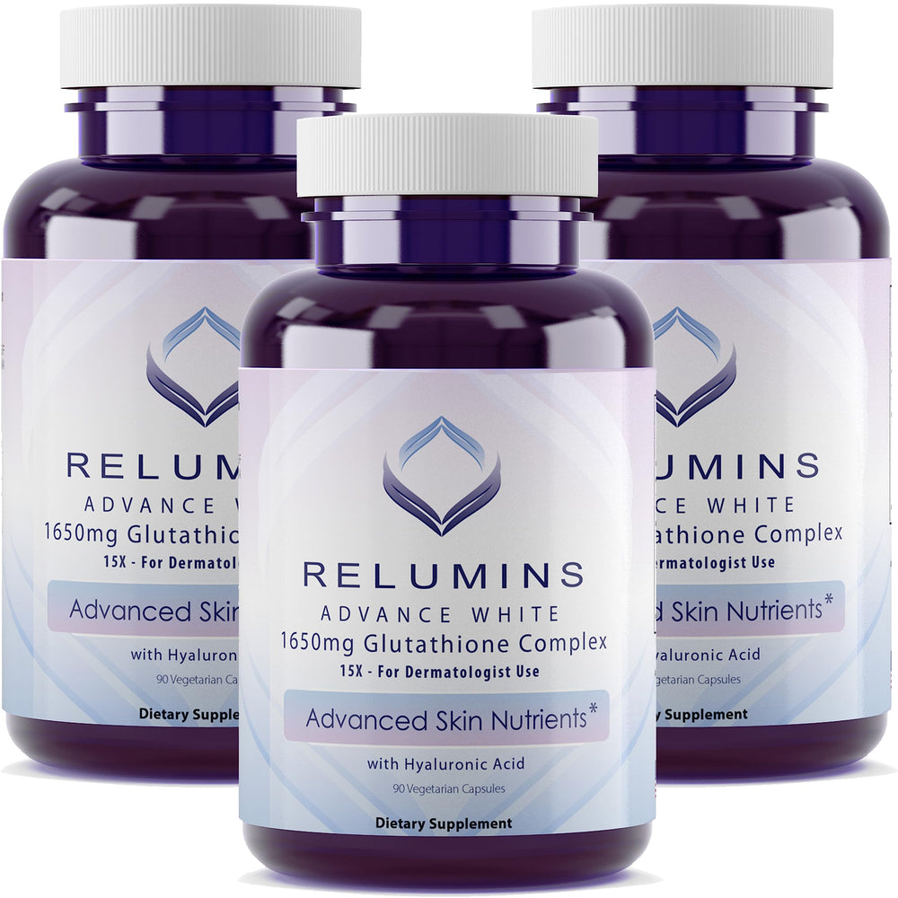 Relumins Glutathione 1650mg bottle showcases antioxidant support for radiant skin.
