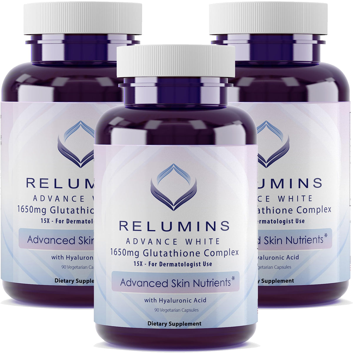 Relumins Glutathione 1650mg bottle showcases antioxidant support for radiant skin.
