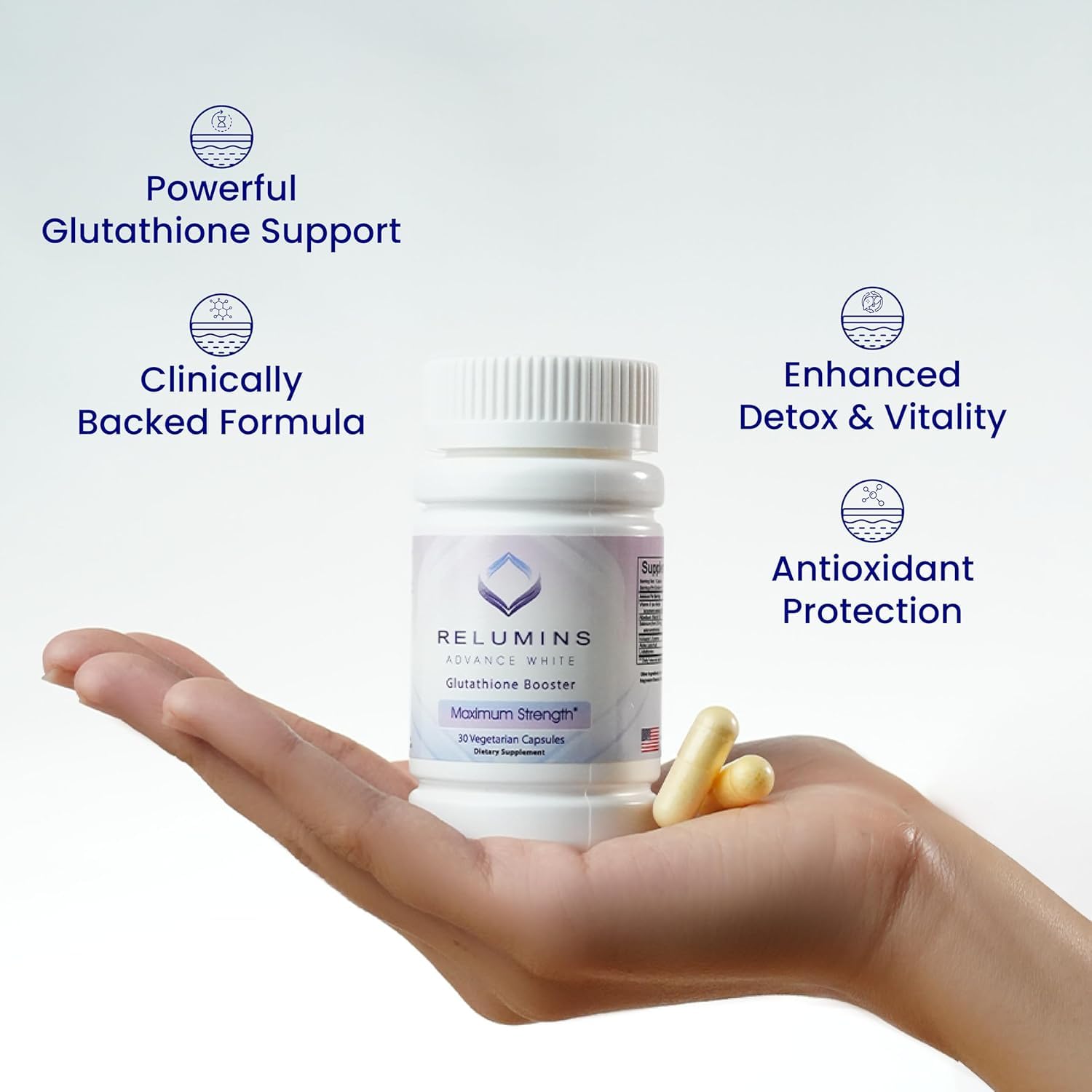 Relumins ingredients close-up featuring rosehips and alpha-lipoic acid.