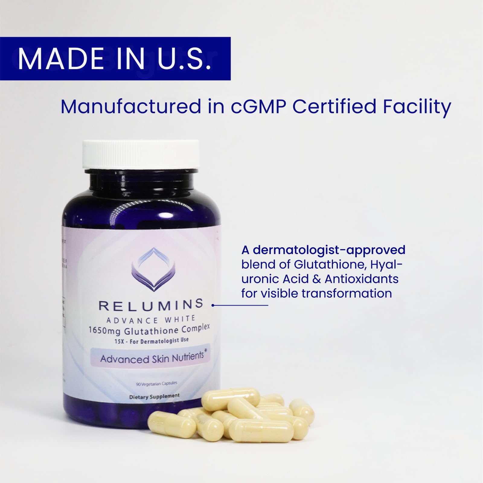 Relumins L-Glutathione NAC capsule closeup emphasizes clean vegetarian formulation