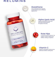 Relumins L-Glutathione label graphic shows key ingredients for skin radiance.