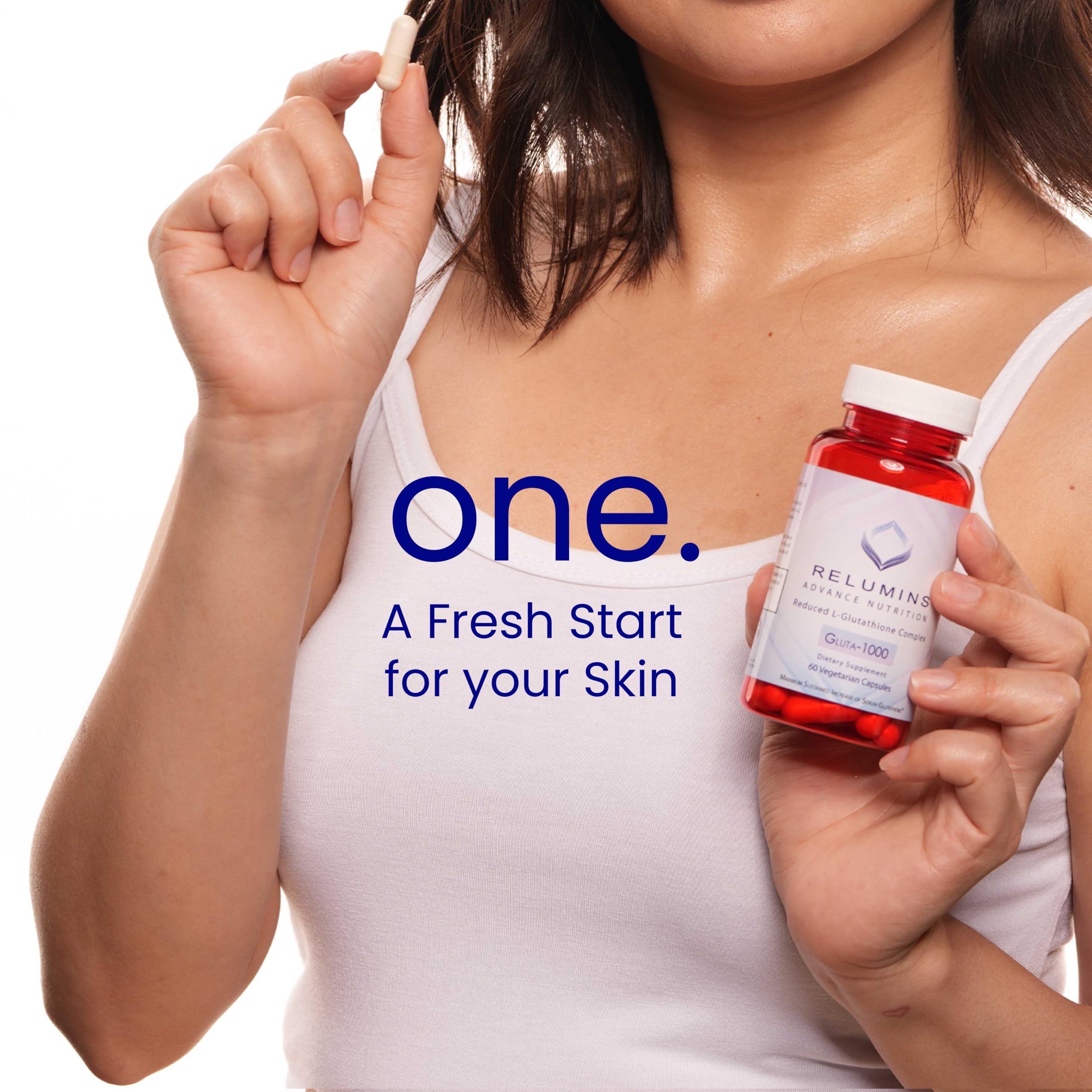 Relumins bottle showing rose hips for daily vitality support.