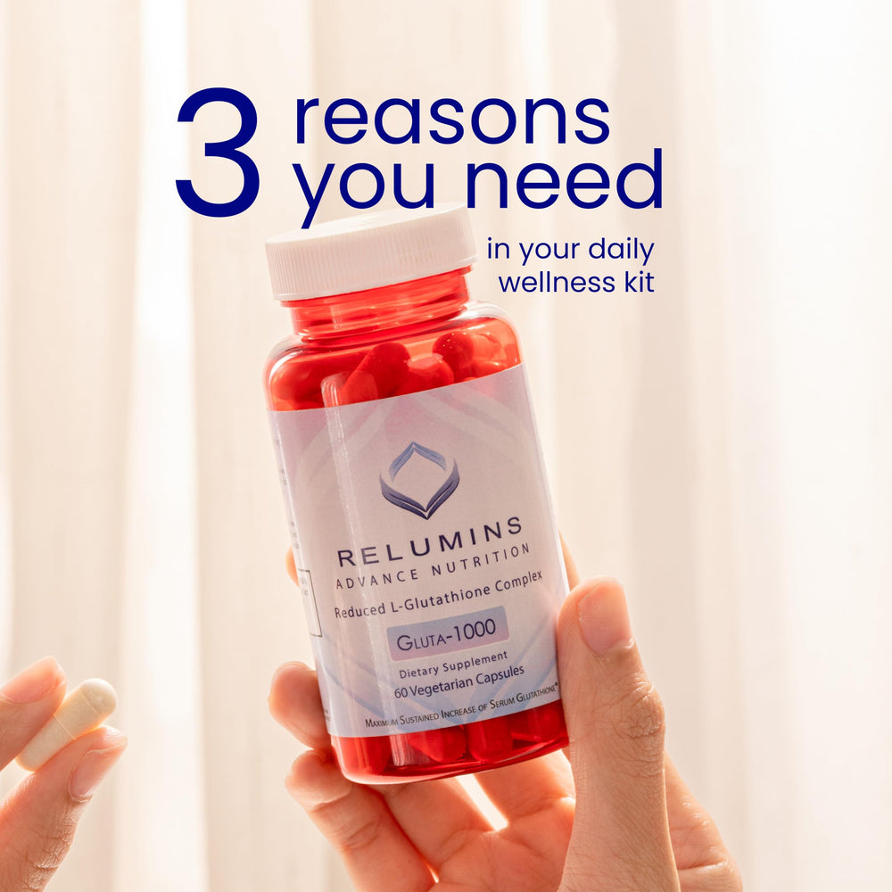 Relumins L-Glutathione rose hips vitamin C blend suggests daily glow support.