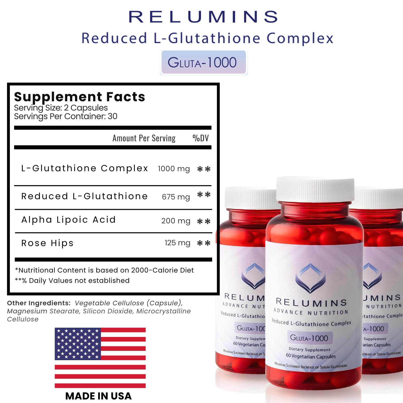 Relumins L-Glutathione three-bottle set highlights value and ongoing use.