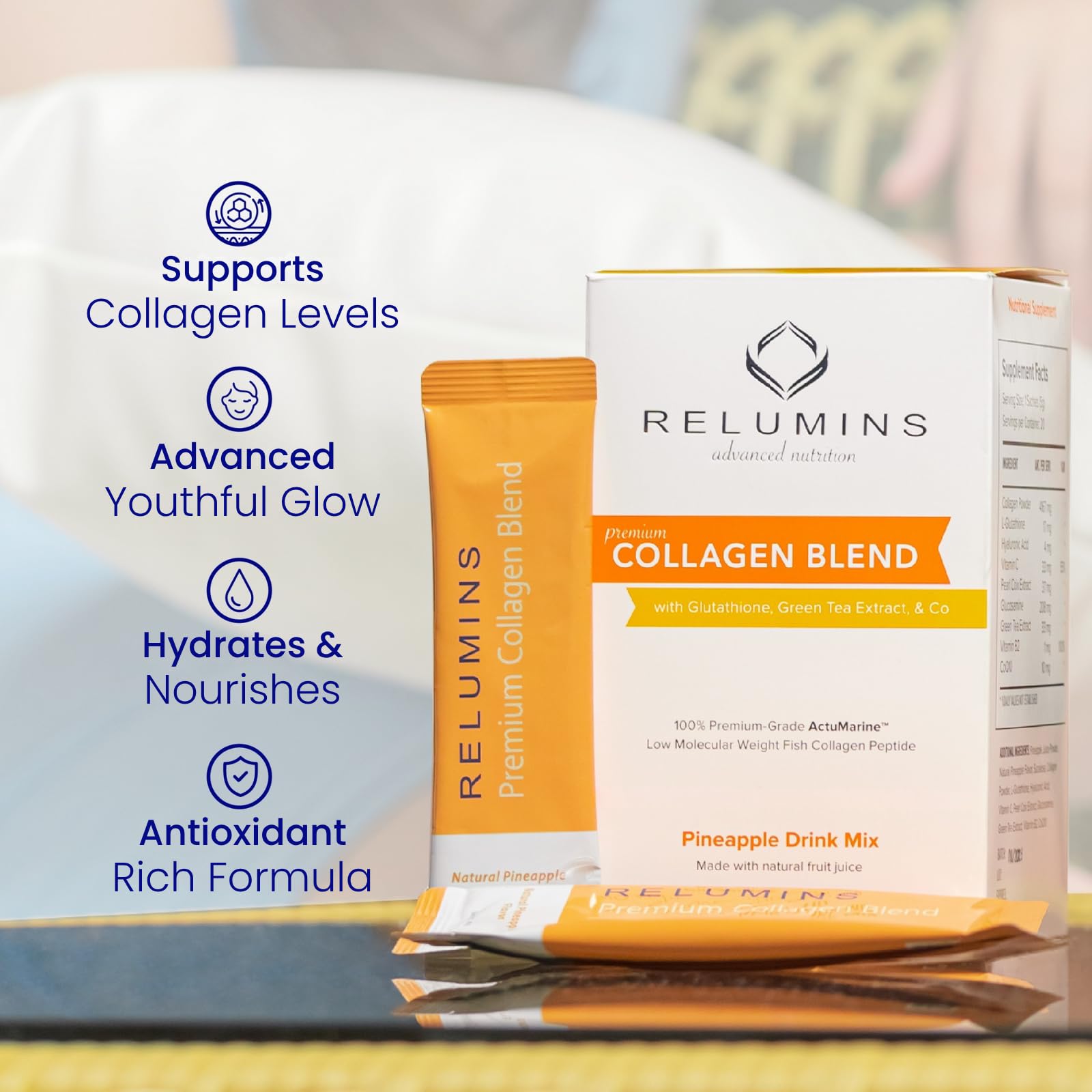 Relumins Marine Collagen bottle ready to pour into glass