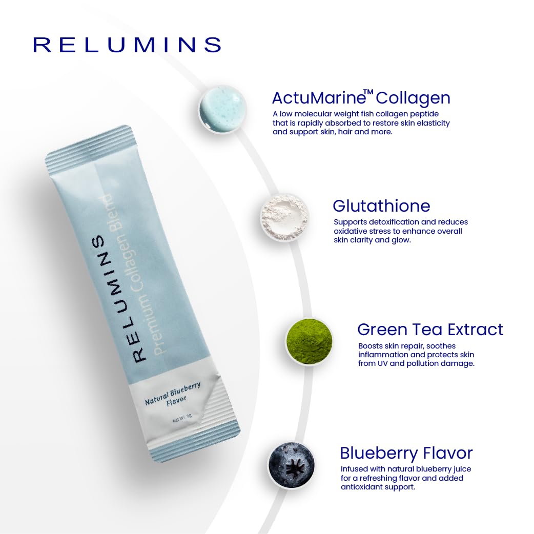 Relumins Marine Collagen Drink blueberry label highlights flavor and peptide blend.
