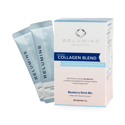 Relumins Marine Collagen Drink bottle on counter showcases convenient daily beauty support.