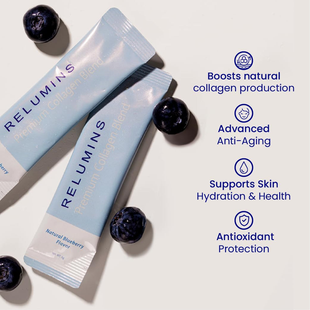 Relumins Marine Collagen Drink sachets close-up showing single-serve packaging.