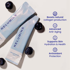 Relumins Marine Collagen Drink sachets close-up showing single-serve packaging.