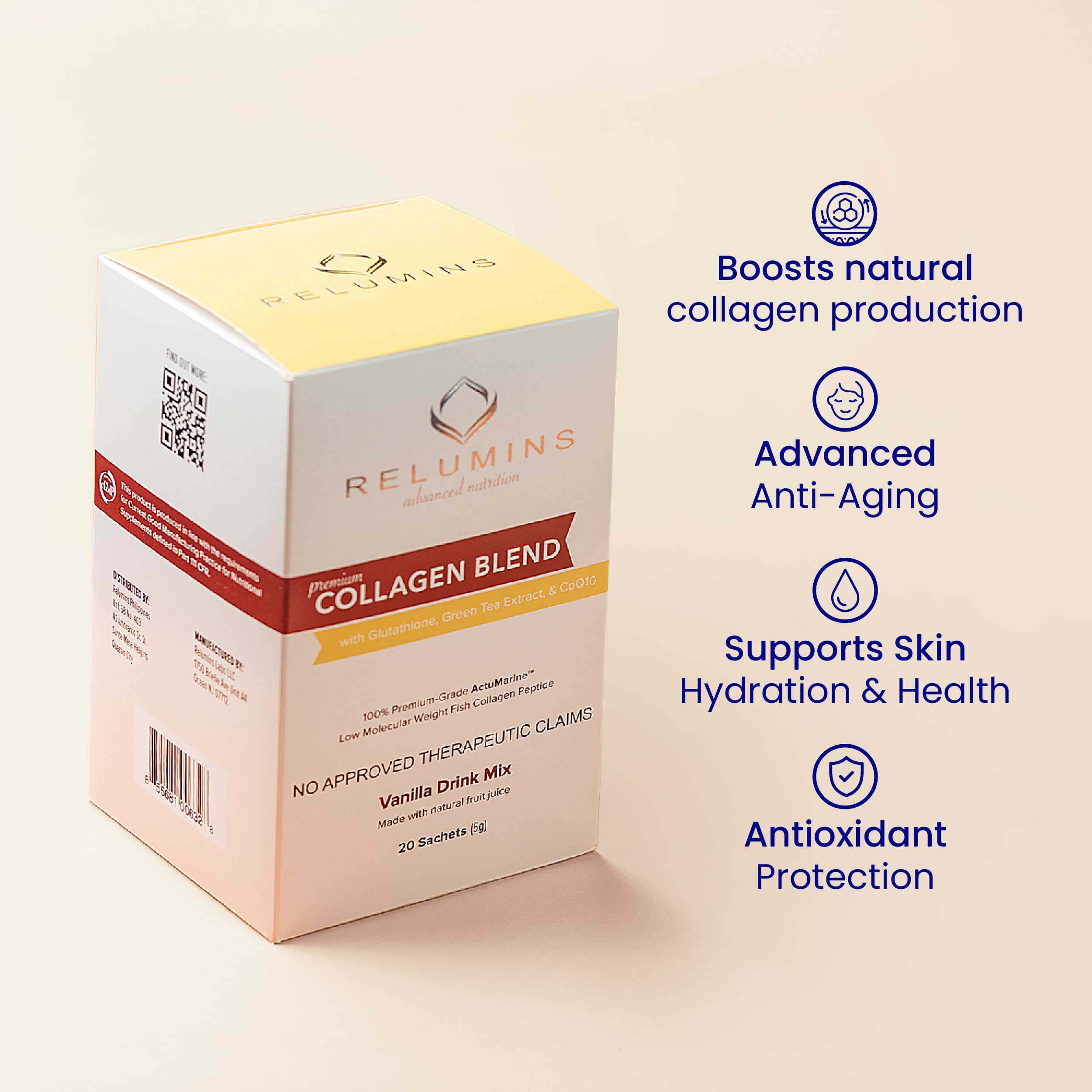 Green tea and CoQ10 with Relumins suggest antioxidant and energy potential.