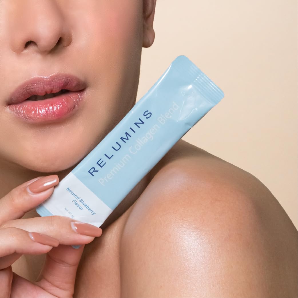 Close-up of Relumins packaging and 20-sachet bundle.