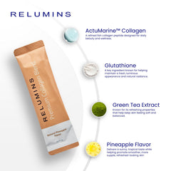 Pouring Relumins pineapple sachet into a glass for a refreshing skin-friendly drink