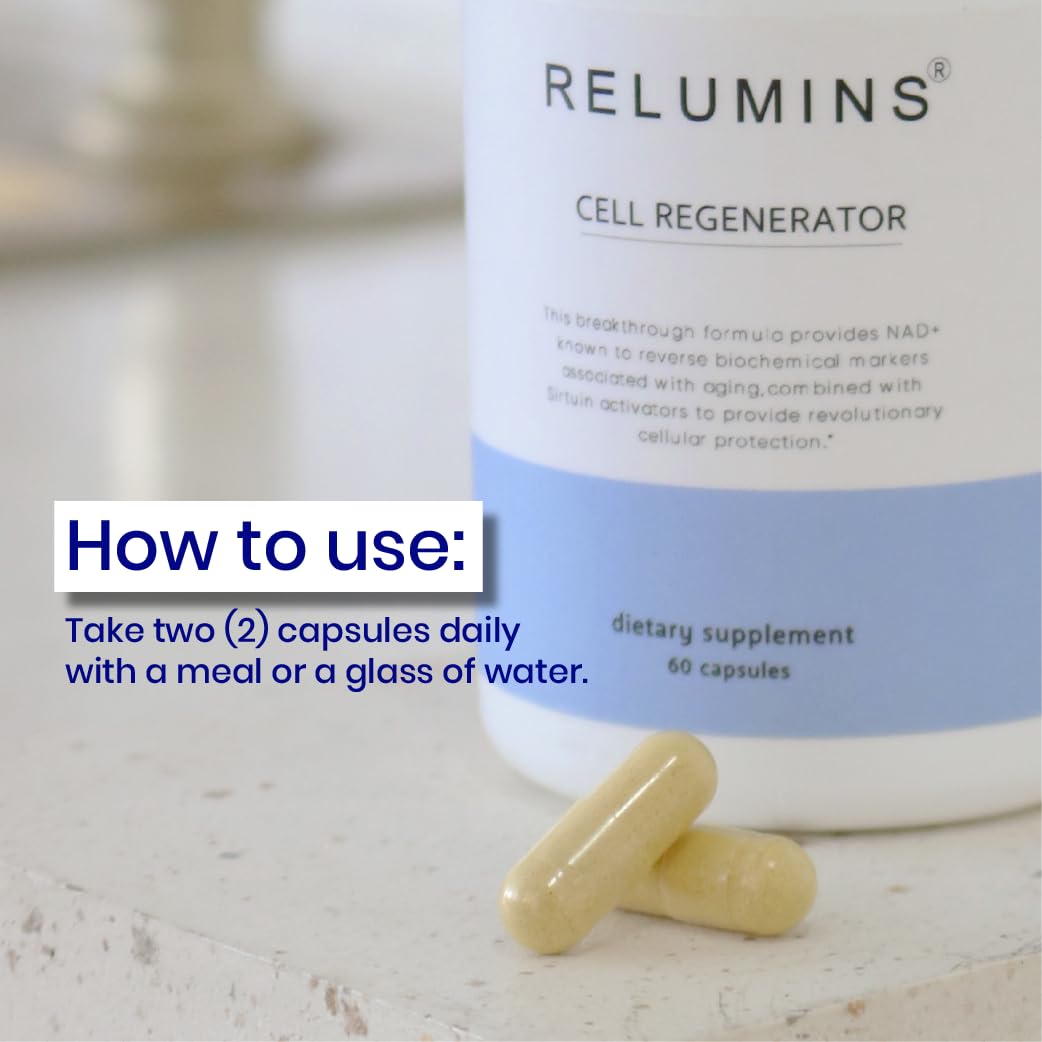 Pouring Relumins NAD+ capsules to illustrate a simple daily routine.