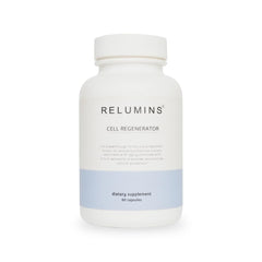 Relumins NAD+ supplement bottle with capsules for daily energy and focus.