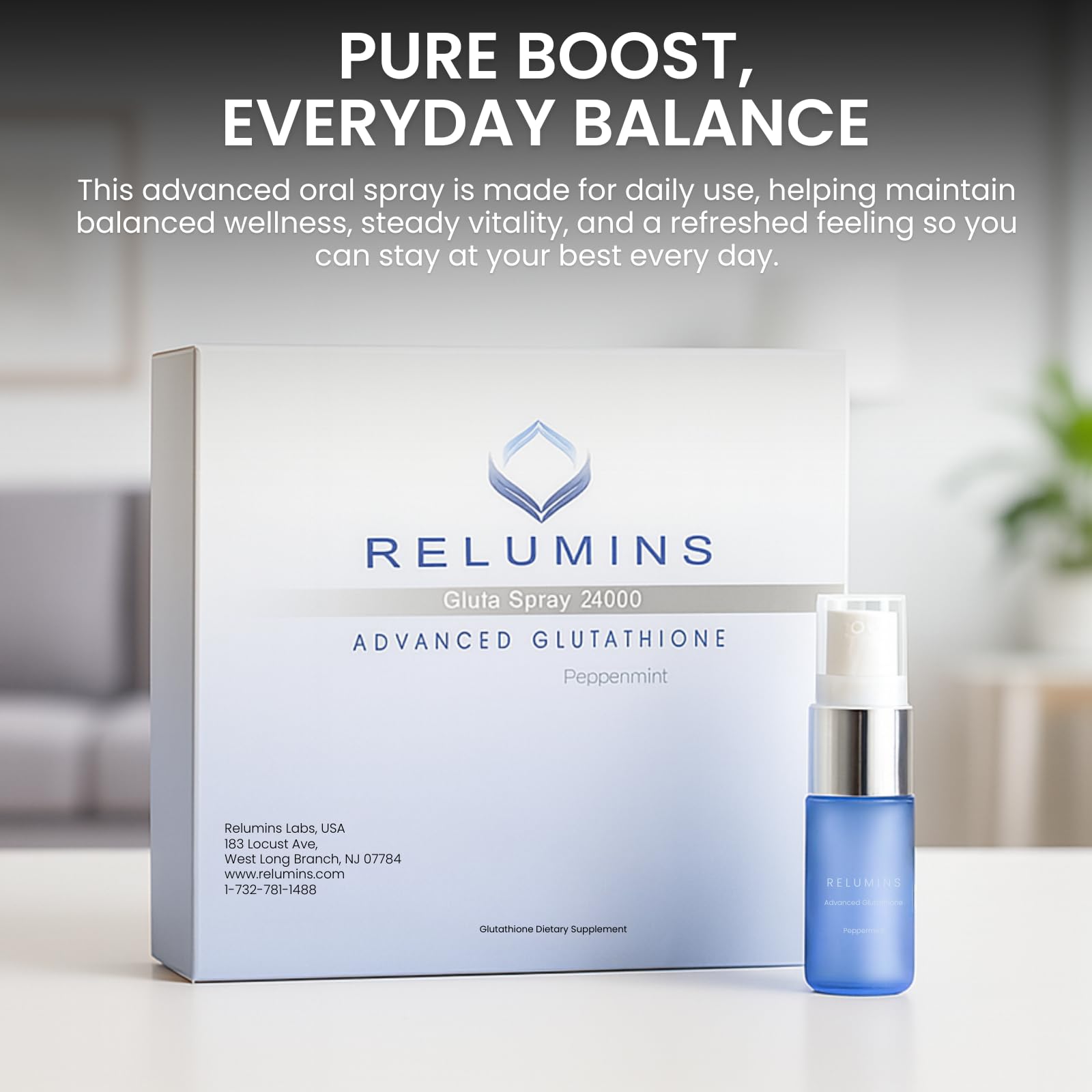 Relumins portable vial pack showing compact packaging for home, work, or travel.