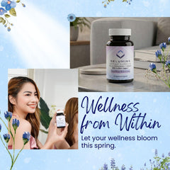 Close-up of Relumins Spring Glow capsules ready for daily use.