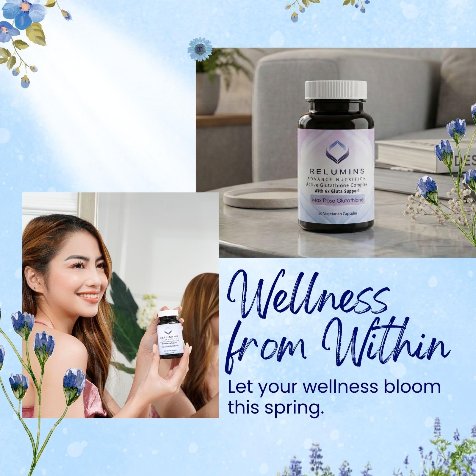 Relumins Spring Glow Essentials bottle label close-up showing vitamin C content.