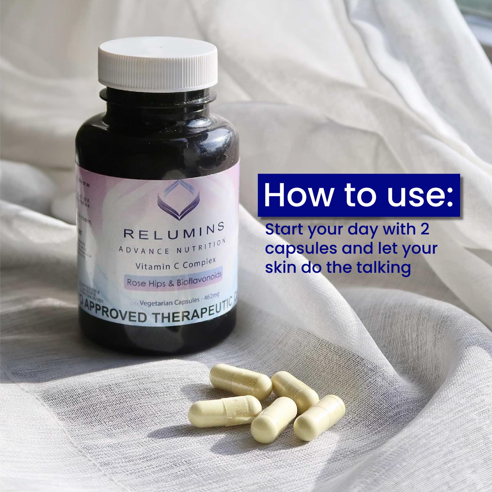 Relumins Spring Glow Essentials daily-use scene with glass of water.