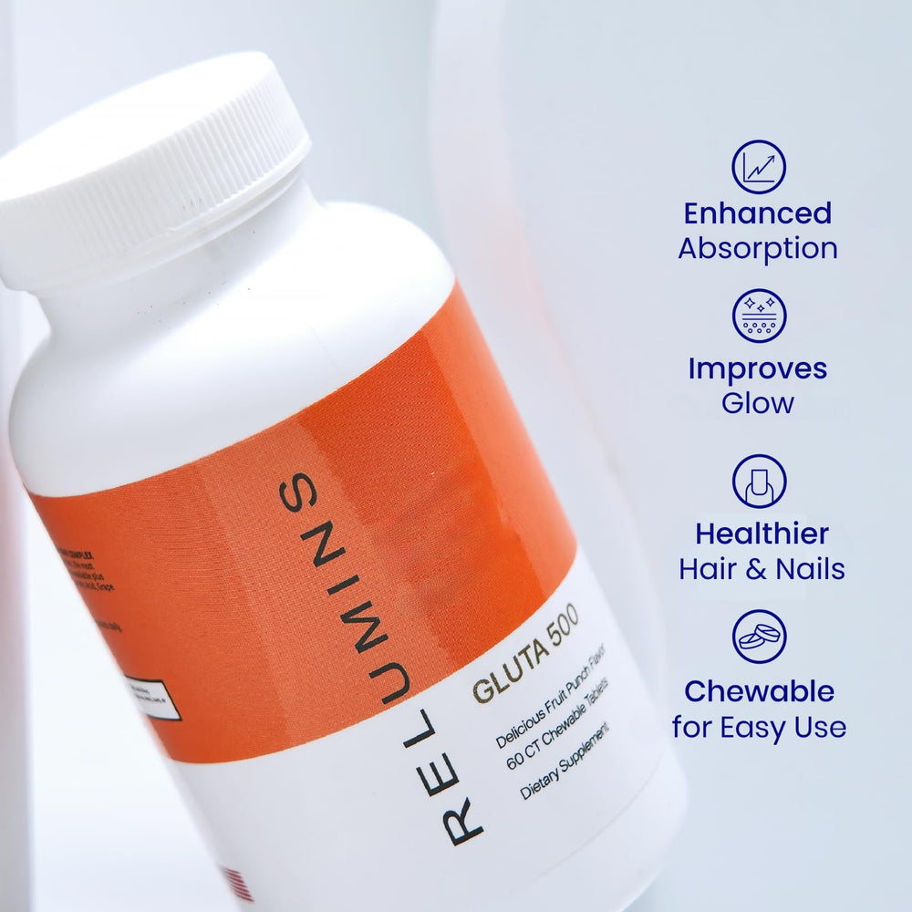 Relumins Spring Glow fruit punch flavor closeup on tablets.