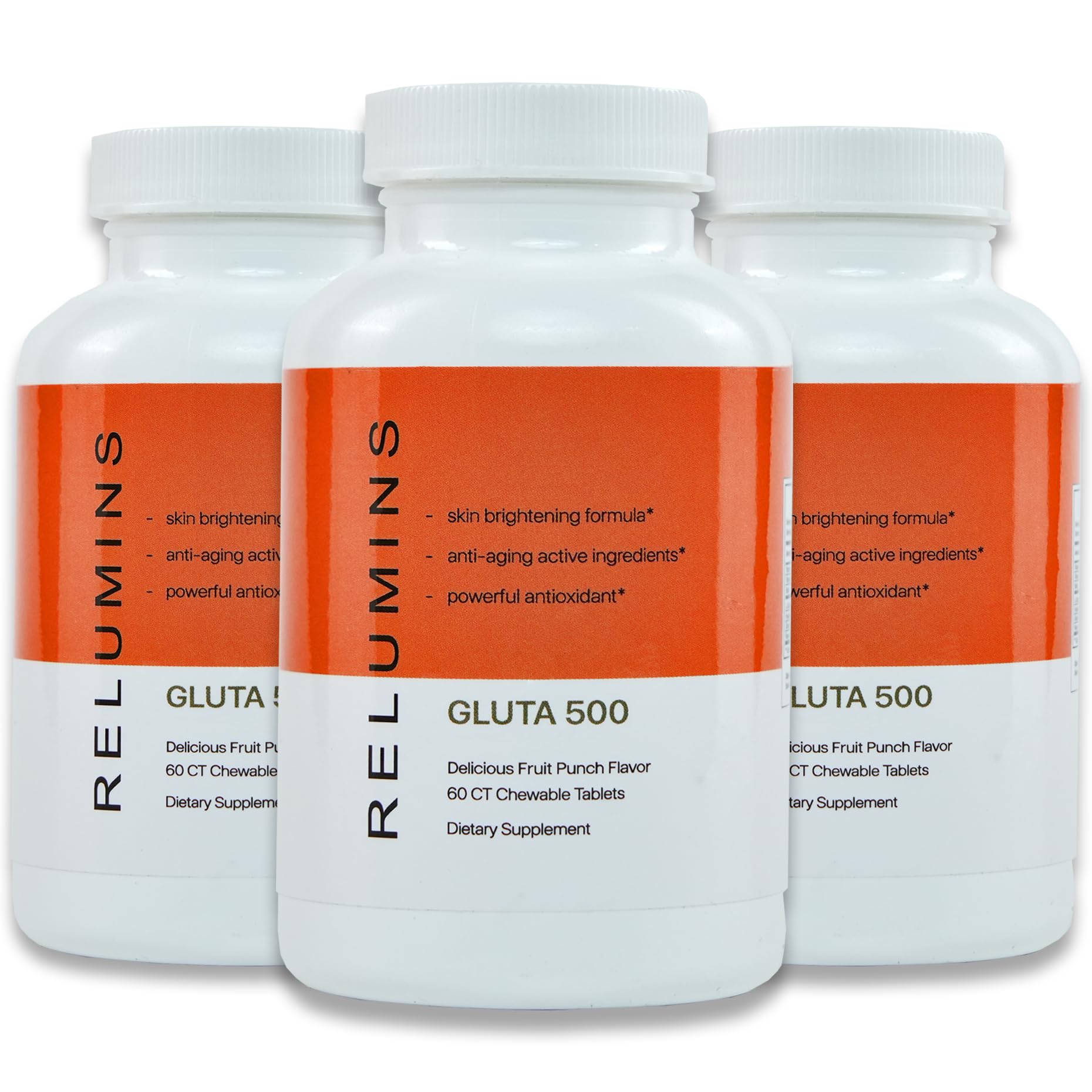 Relumins Spring Glow Gluta 500 chewable bottle front highlights easy daily use.