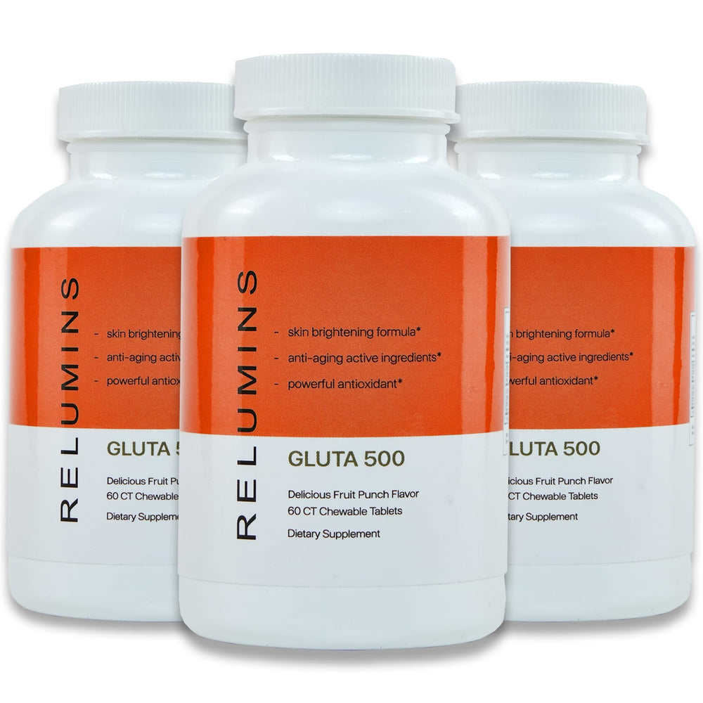 Relumins Spring Glow Gluta 500 chewable bottle front highlights easy daily use.