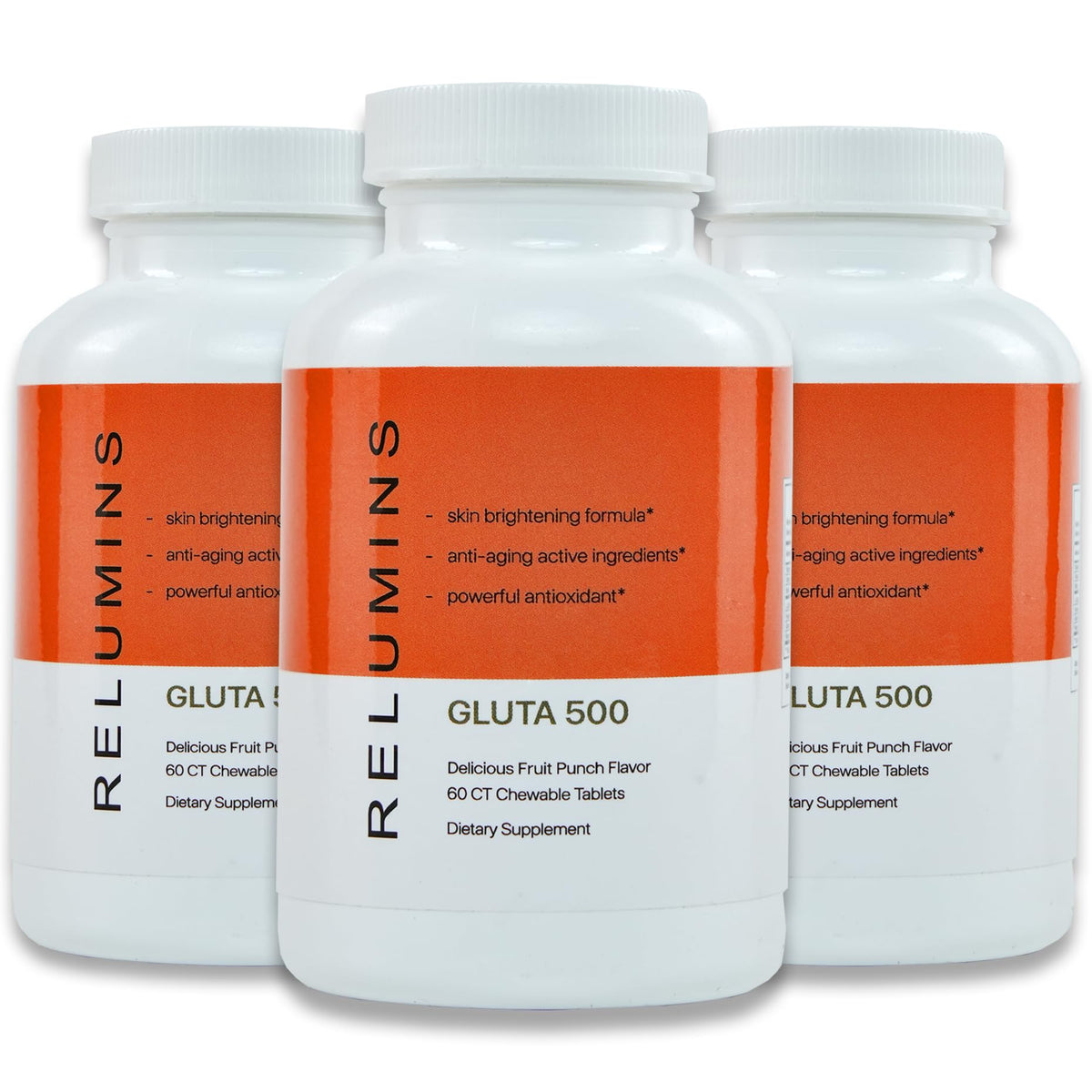 Relumins Spring Glow Gluta 500 chewable bottle front highlights easy daily use.