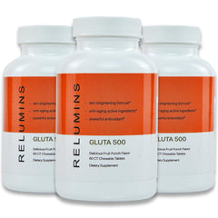 Relumins Spring Glow Gluta 500 chewable bottle front highlights easy daily use.