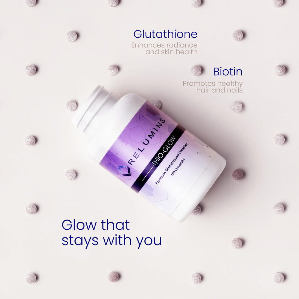 Relumins Thio-Glow ingredients panel featuring vitamin C, E, biotin, grapeseed polyphenols.