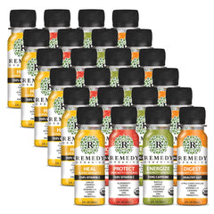 Remedy Organics Immunity Plus Shot bottle on counter for convenient daily immune support.