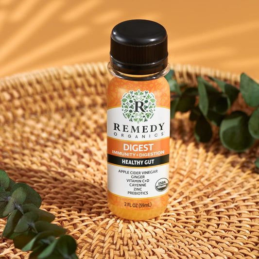 Remedy Organics Immunity Plus Shot label closeup, highlighting organic ingredients for daily wellness.