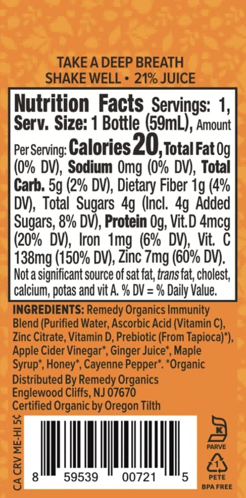 Remedy Organics Immunity Plus Shot packaging display, emphasizing shelf-stable convenience for busy days.