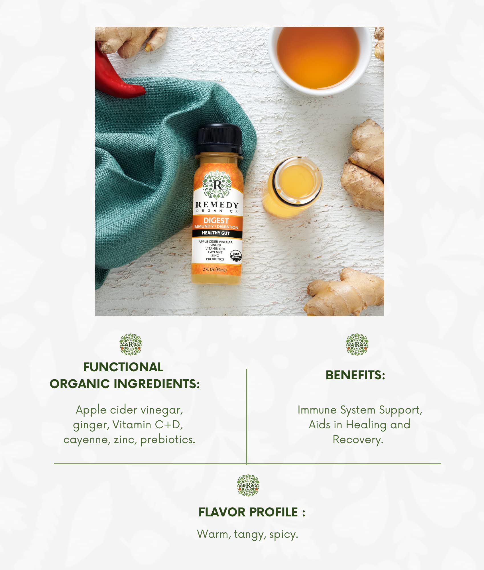 Remedy Organics Immunity Plus Shot tasting hero, suggesting natural flavor and vitality on the go.