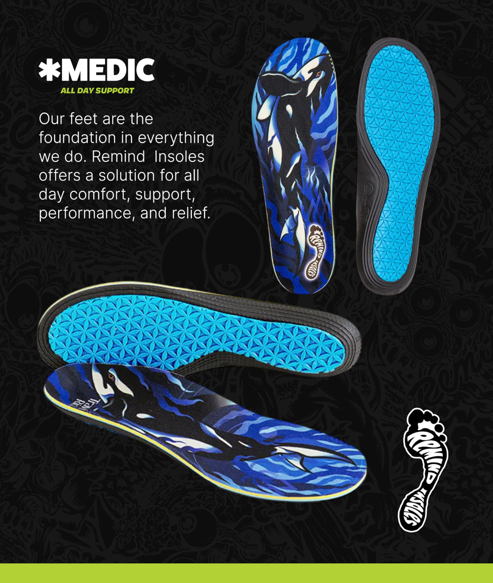 Remind Medic forefoot cushion detail highlights 5.5 mm pad for impact absorption.
