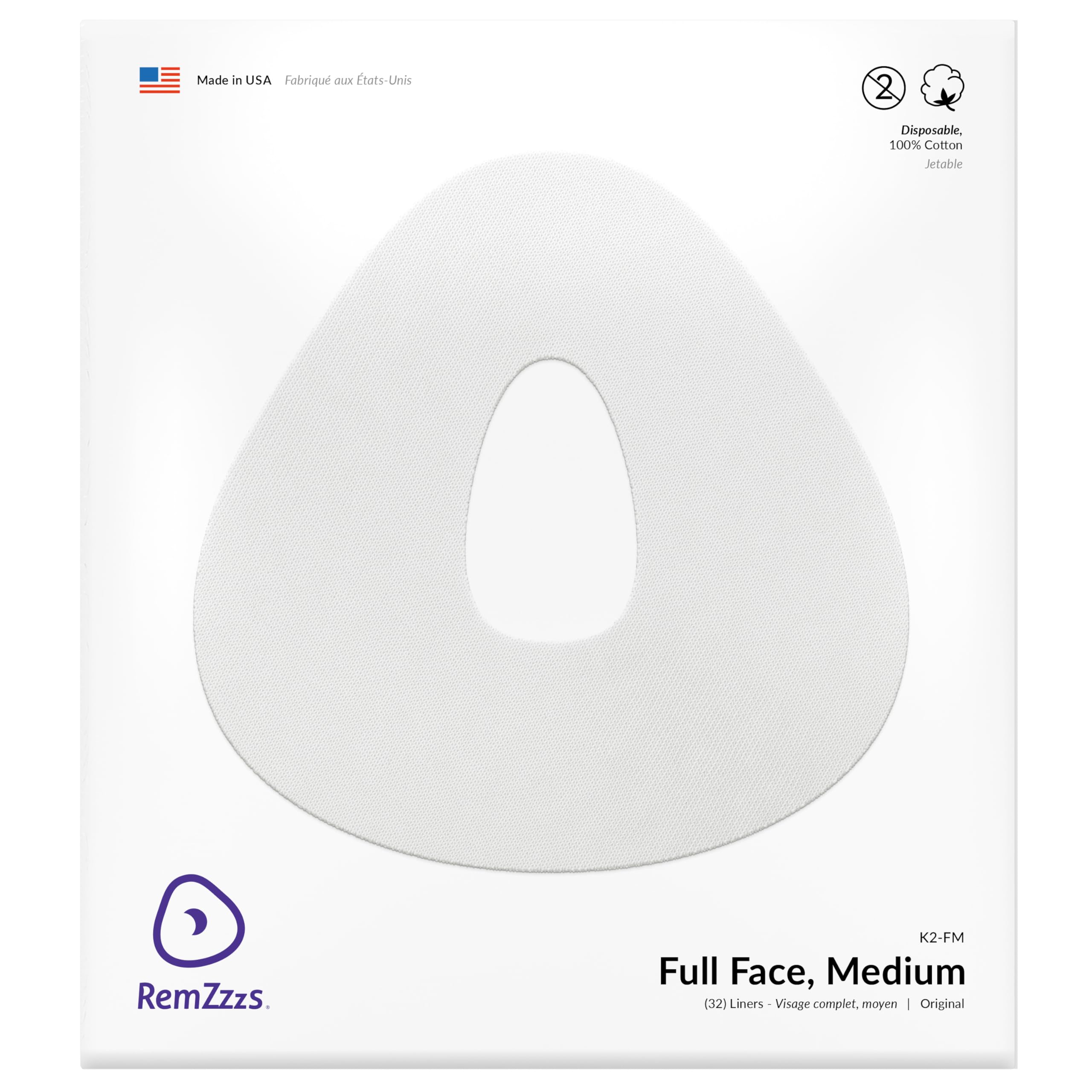 RemZzzs full-face CPAP liner K2-FM packaging shows the brand and product ready for nightly use