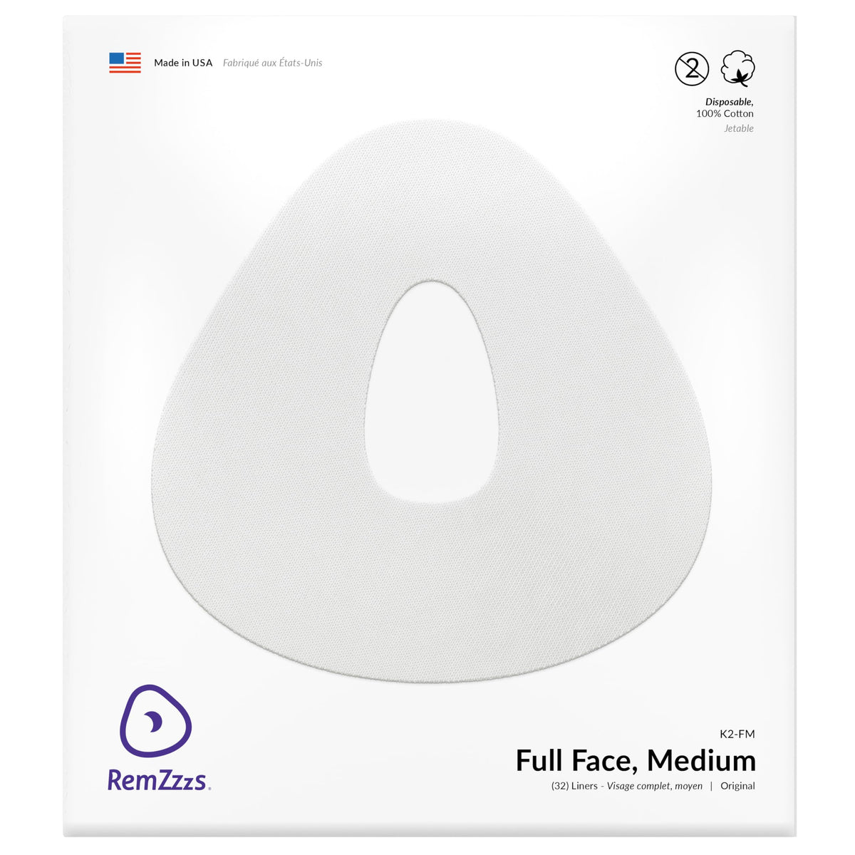 RemZzzs full-face CPAP liner K2-FM packaging shows the brand and product ready for nightly use